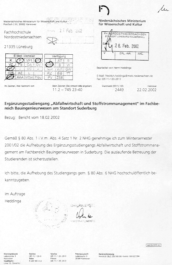 Schließungsurkunde für den Ergänzungsstudiengang "Abfallwirtschaft und Stoffstrommanagement"